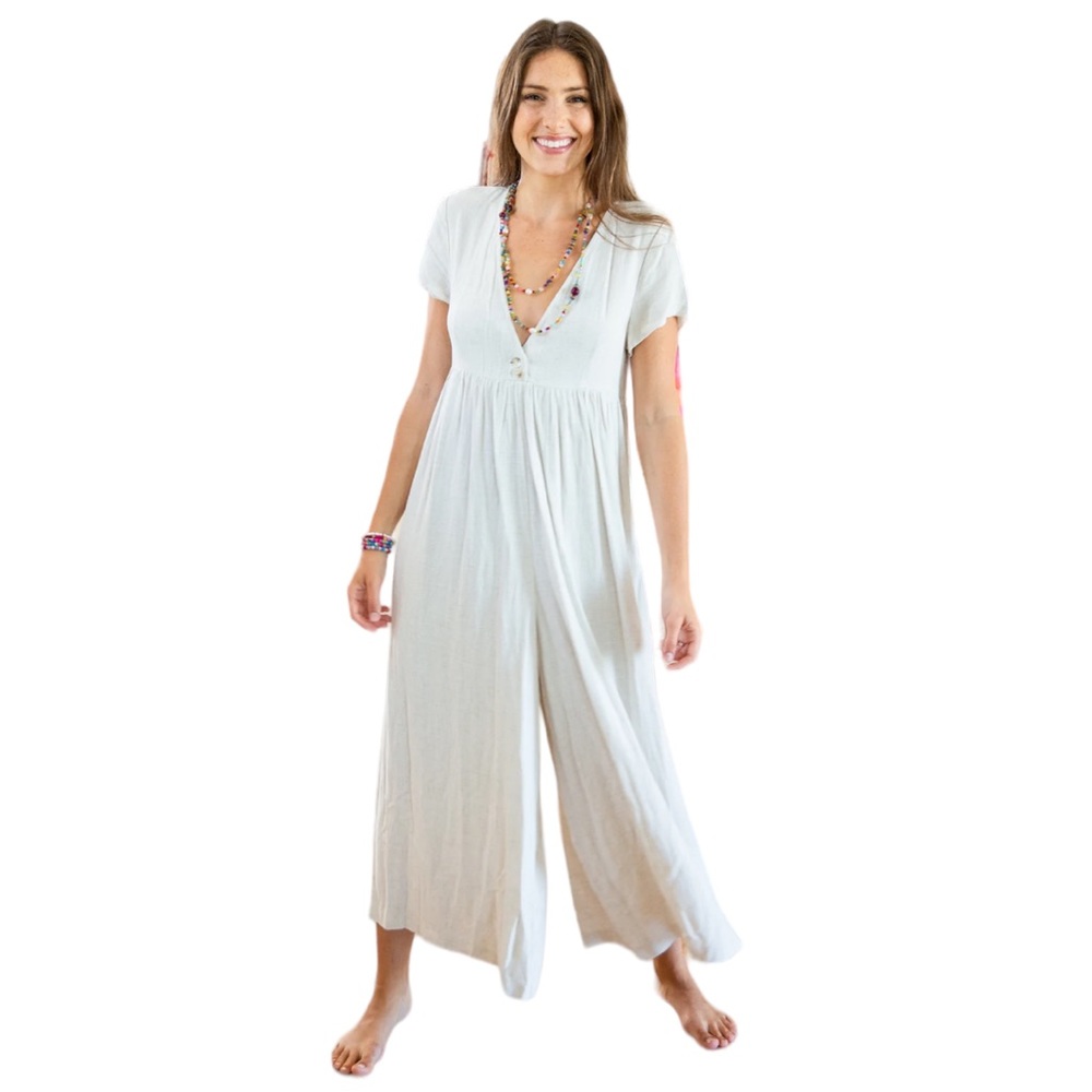 Natural Life Avery Wide Leg Jumpsuit Linen Blend Button Front Beige XS/S NWT